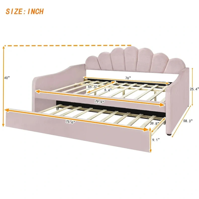 Divã estofado de tamanho Full com encosto em concha e cama extra