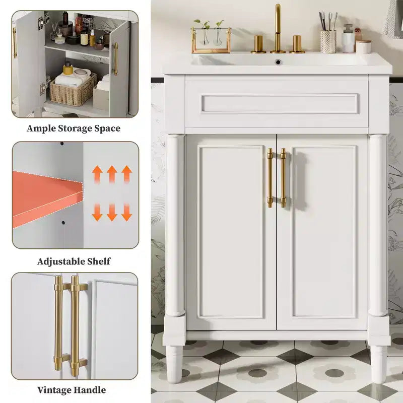 Meuble-lavabo de salle de bains de 24 pouces avec lavabo en céramique, meuble de style Shaker, 2 portes à fermeture amortie et structure en bois massif pour petite salle de bains ou cabinet de toilette