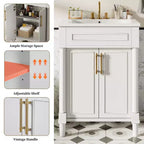 Meuble-lavabo de salle de bains de 24 pouces avec lavabo en céramique, meuble de style Shaker, 2 portes à fermeture amortie et structure en bois massif pour petite salle de bains ou cabinet de toilette