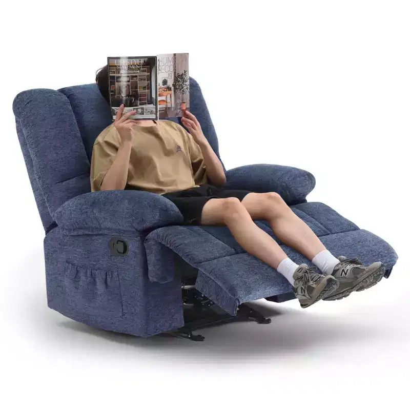 Blauer übergroßer Relaxsessel mit Wippfunktion und Chenille-Bezug