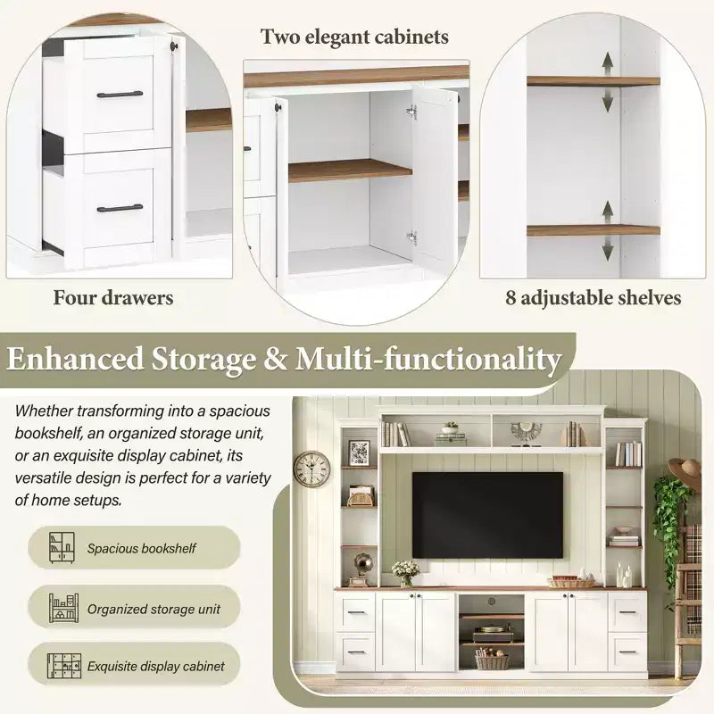 Ensemble mural de centre multimédia de style ferme 4-en-1 ModernLuxe, compatible avec les téléviseurs jusqu'à 70 pouces, meuble TV avec étagères réglables et tiroirs