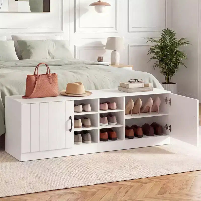 Banc à chaussures à 2 portes avec étagères réglables et espace de rangement dissimulé, naturel + blanc/Whi5te