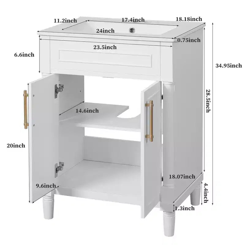 Meuble-lavabo de salle de bains de 24 pouces avec lavabo en céramique, meuble de style Shaker, 2 portes à fermeture amortie et structure en bois massif pour petite salle de bains ou cabinet de toilette