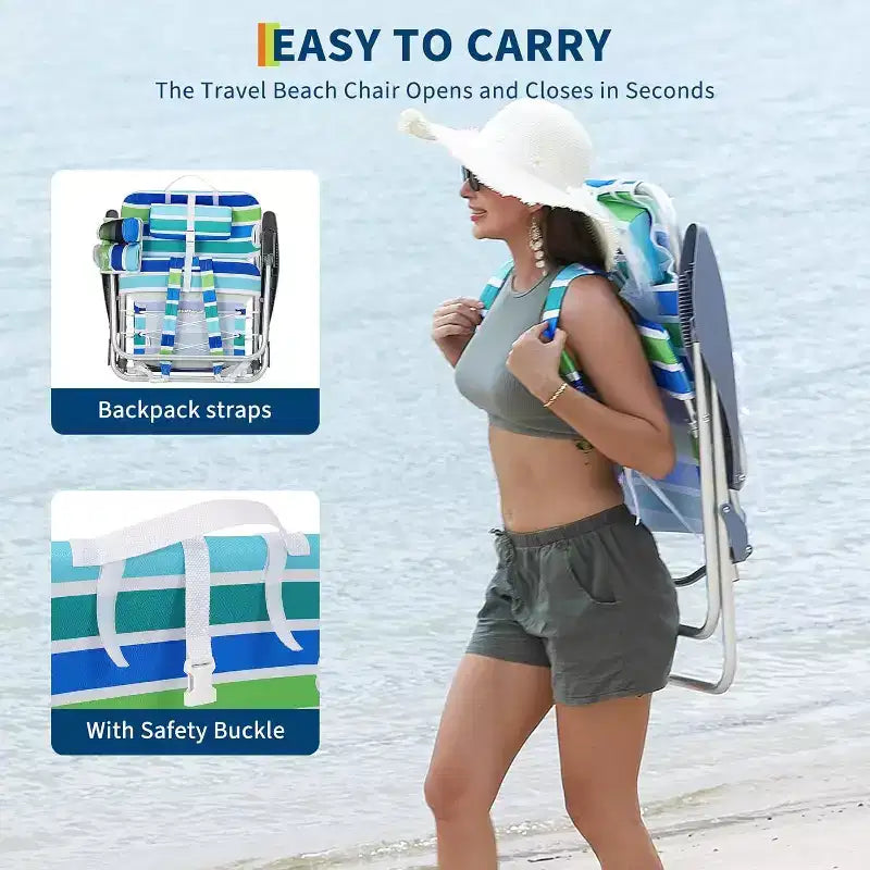 Lot de 2 chaises de plage légères type sac à dos Acekool, chaises pliantes à 5 positions pouvant être étendues à plat pour adultes, avec sangles, porte-gobelet et porte-serviette, supportant 300 lb