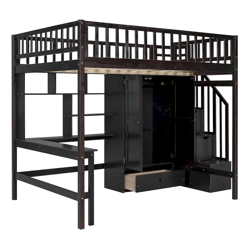 Lit mezzanine double en pin avec bureau et rangement