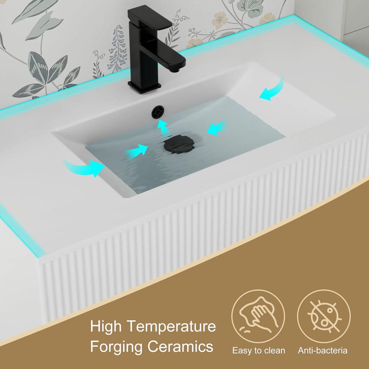 Wavy Line Badezimmermöbel-Set mit Waschbecken und Wasserhahn, 30/36/48 Zoll