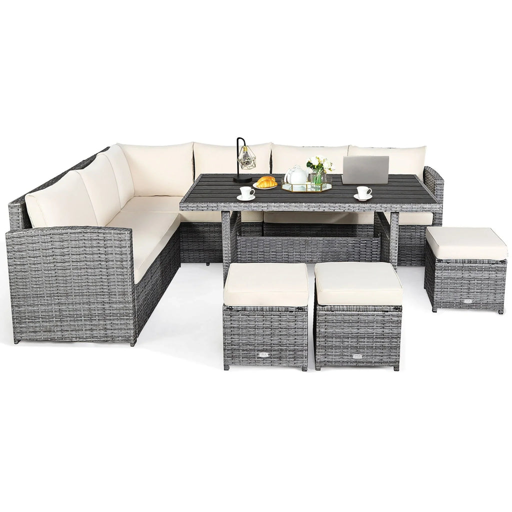 Costway 7-teiliges Dining-Set aus Polyrattan für die Terrasse mit Ecksofa, Couch und Hocker – Details anzeigen