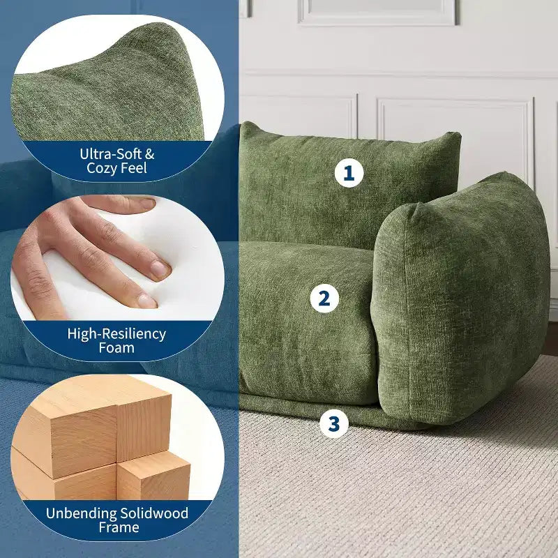 Modulares 2-Sitzer-Sofa aus Chenille-Stoff, Cloud-Sofa mit hoch belastbarem Schaumstoff, kompaktes Sofa ohne sichtbare Füße für kleine Räume