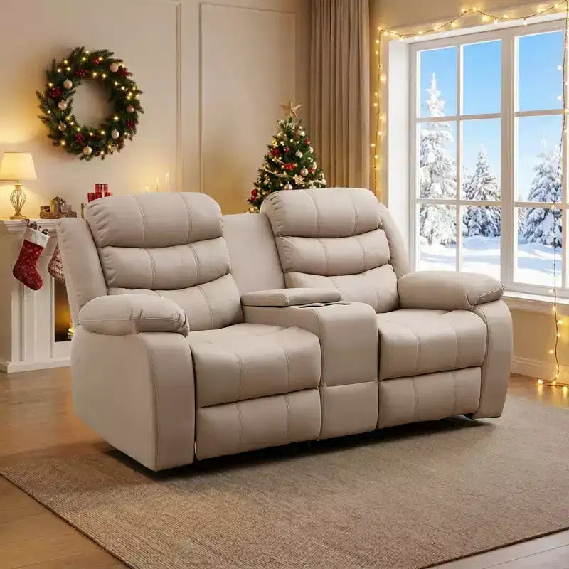 Beige-graues Relaxsofa aus Tech-Gewebe, 2-Sitzer, mit verstellbarer Rückenlehne und Fußstütze