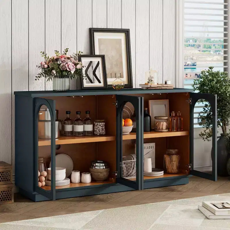 Großes Buffet-Sideboard mit 4 Türen und Glastüren, gewölbter Schrank mit verstellbaren Einlegeböden für die Küche