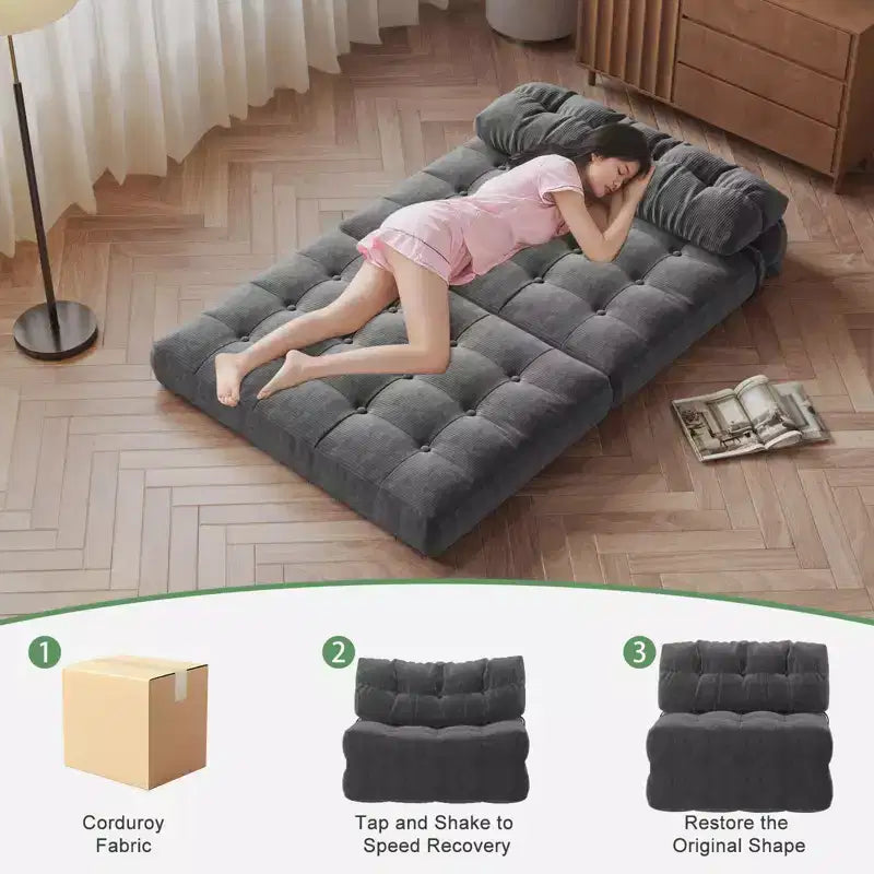 Divano letto futon pieghevole in velluto a coste, poltrona letto trasformabile da pavimento con cuscino e supporto per la schiena