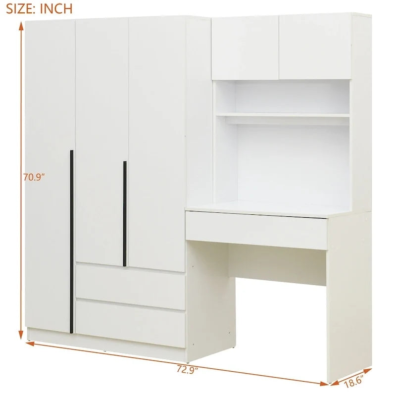 3-in-1-Kleiderschrank mit Schminktisch, Schreibtisch-Set, Schlafzimmerschrank mit 2 Schubladen, 3 Türen und Stauraum
