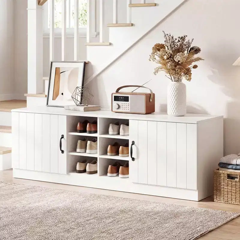 Banc à chaussures à 2 portes avec étagères réglables et espace de rangement dissimulé, naturel + blanc/Whi5te