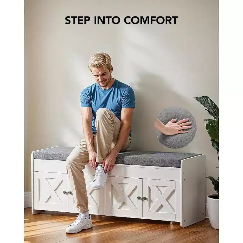 Banc à chaussures de 47,2 pouces de long pour l’entrée, avec assise rembourrée, rangement à couvercle relevable, 4 portes, capacité de 300 lb, banc avec range-chaussures pour l’entrée
