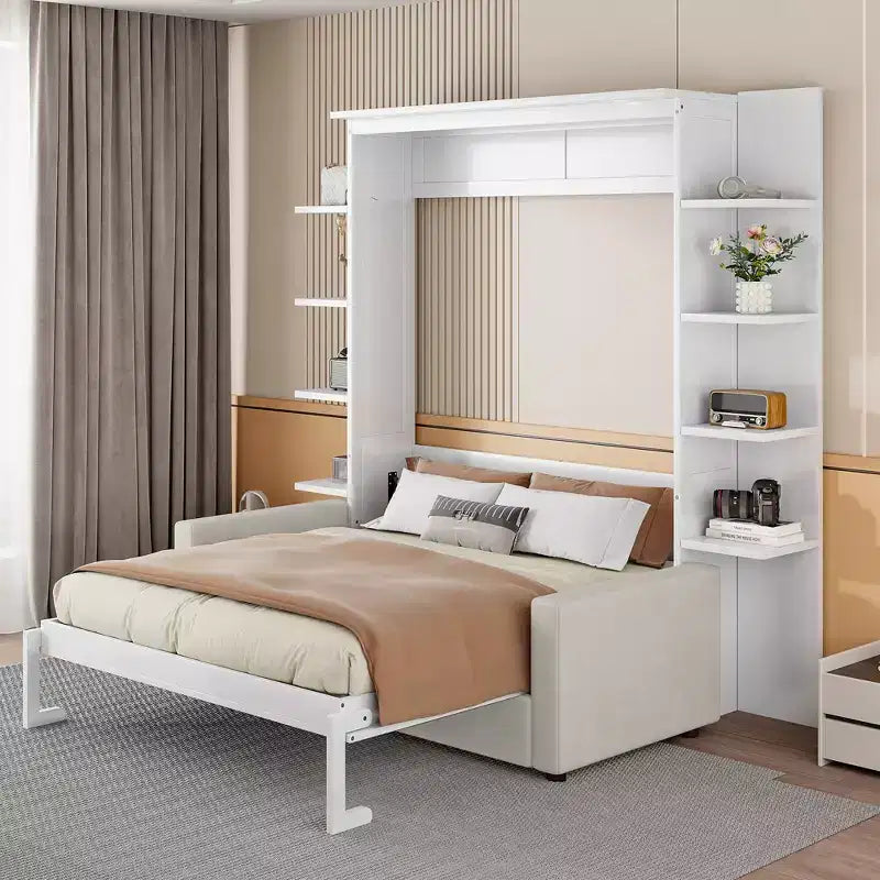 Lit escamotable mural queen size avec canapé, lit armoire pliant queen size avec bibliothèque et étagères pour chambre d’amis ou bureau