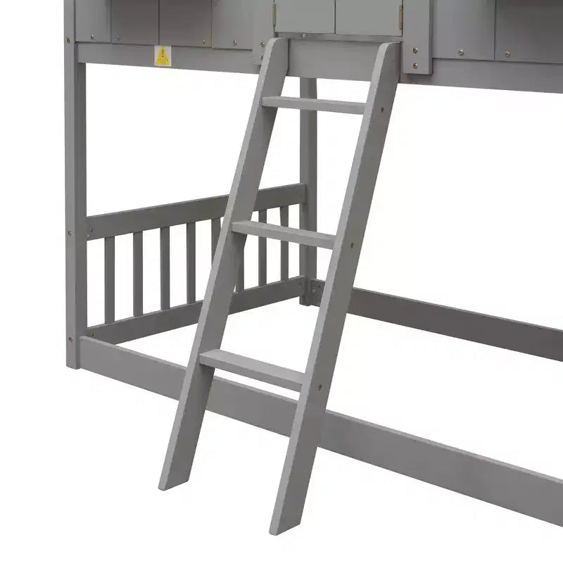 Cama alta de tamanho Twin em forma de casa, cama alta de madeira tipo casinha com escada e barreiras de proteção para crianças