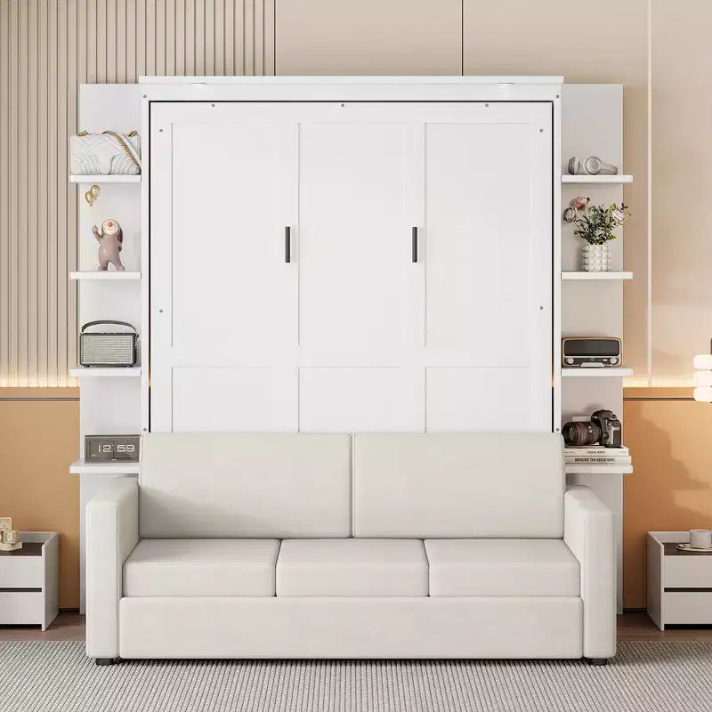 Whisen modernes Murphy-Bett in Queensize mit Holzrahmen, Wandbett mit Sofa und Regalen