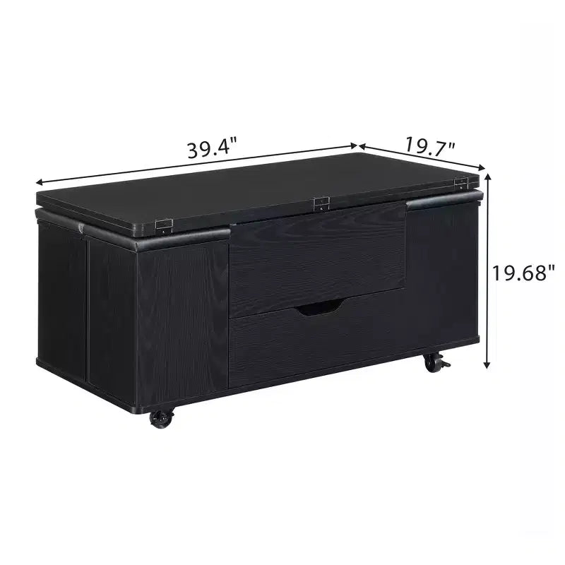 Mesa de centro moderna multifunções com tampo elevável, arrumação oculta, 4 bancos e rodízios, perfeita para espaços de estar modernos
