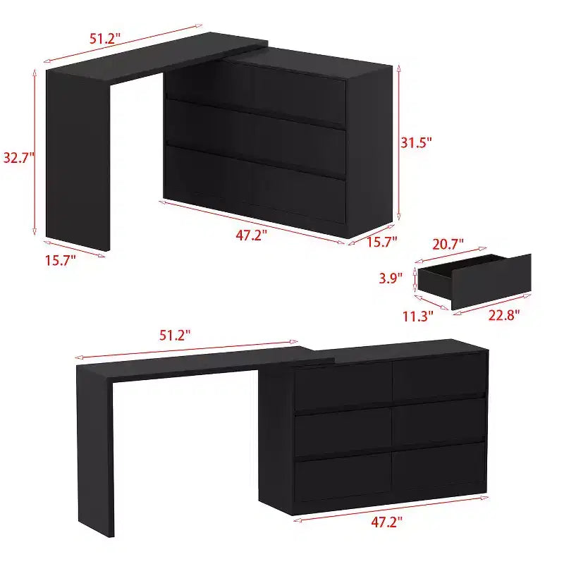 Drehbares/ausziehbares Smart-Buffet-Sideboard mit 6 Schubladen, verlängerter Tischplatte, rutschfester Matte, drehbarem Esstisch und Kücheninsel-Speisekammer