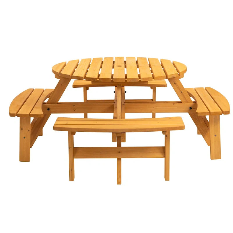 Conjunto de refeições redondo para piqueniques no exterior, em madeira de abeto, para 8 pessoas, com 4 bancos integrados e orifício para guarda-sol