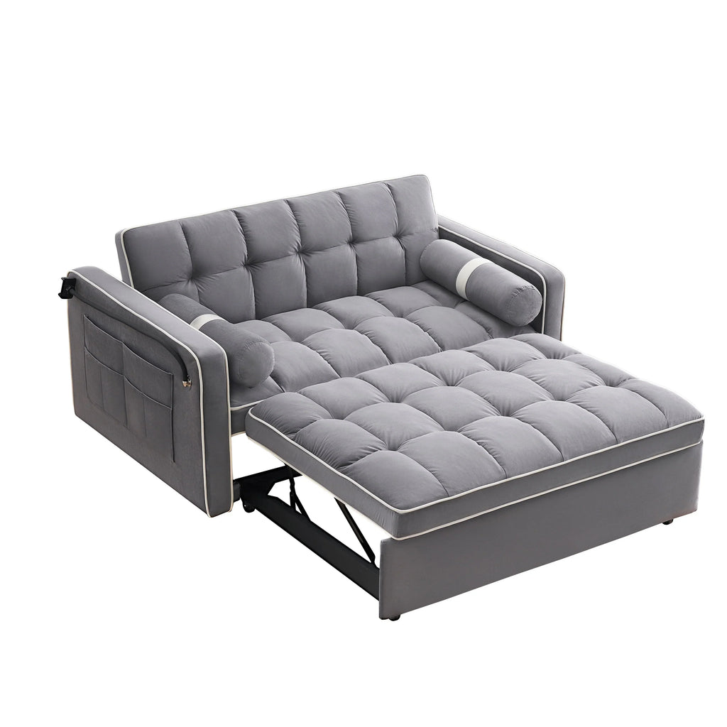 Sofá-Cama Convertível de Veludo para 2 Pessoas, com 55', Cama Extensível, Encosto Reclinável Ajustável, Bolsos Laterais e Suporte para Telemóvel