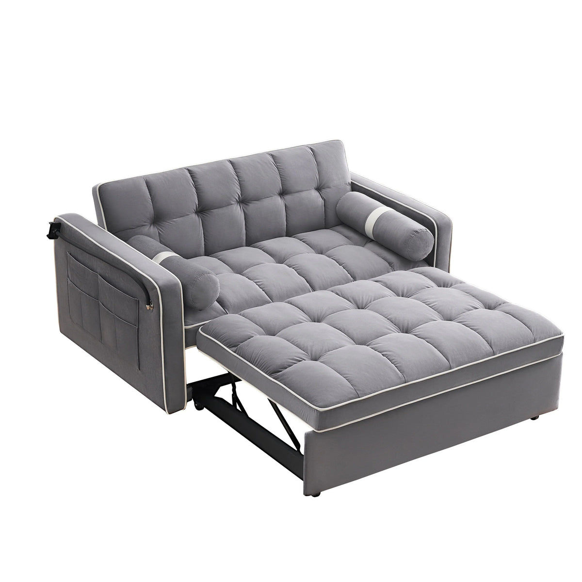 Sofá-Cama Convertível de Veludo para 2 Pessoas, com 55', Cama Extensível, Encosto Reclinável Ajustável, Bolsos Laterais e Suporte para Telemóvel