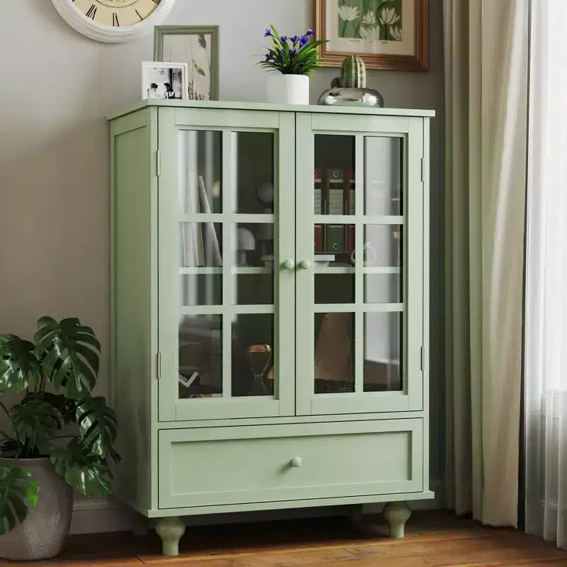 Aufbewahrungsschränke, hölzerner Unterschrank mit 1 Schublade und 2 Glastüren, Sideboard im Landhausstil mit Stauraum für Wohnzimmer