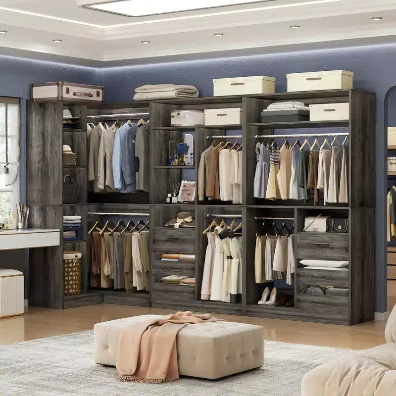 Ensemble Besiost de 3 éléments pour dressing d’angle avec étagères en colonne et tiroirs, organisateur de dressing autoportant avec tringles