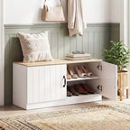 Banc à chaussures à 2 portes avec étagères réglables et espace de rangement dissimulé, naturel + blanc/Whi5te