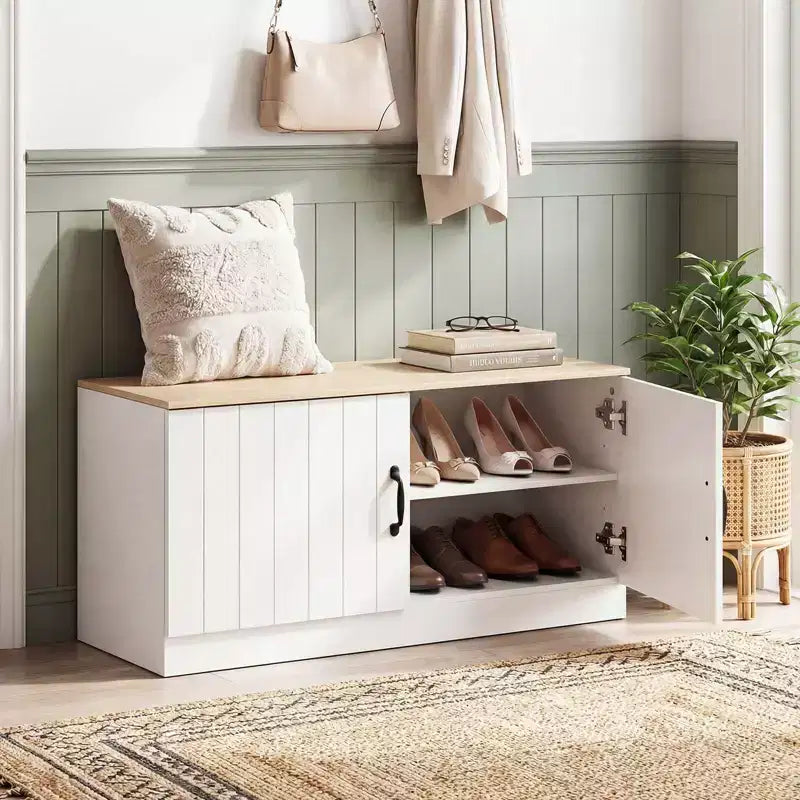 Banc à chaussures à 2 portes avec étagères réglables et espace de rangement dissimulé, naturel + blanc/Whi5te