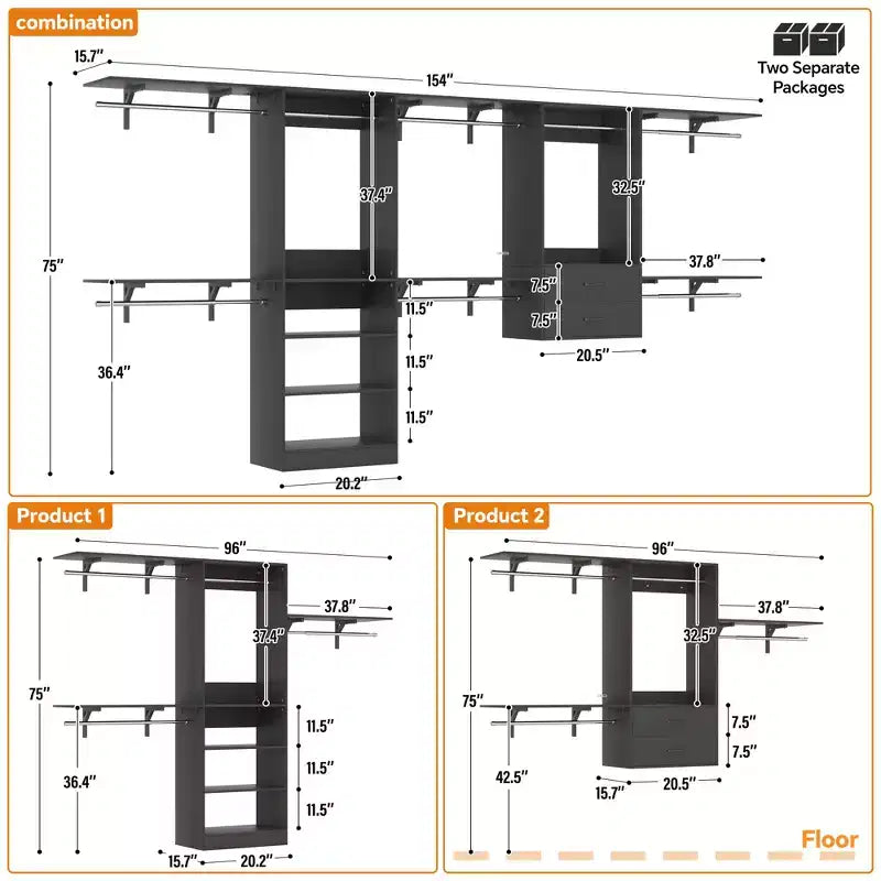 Wolnostojący system garderobiany z 8 drążkami na ubrania i szufladami, organizer do garderoby z 10 półkami