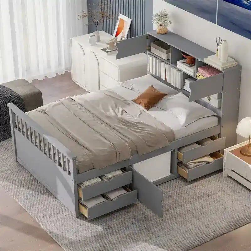 Letto a piattaforma Captain matrimoniale o singolo con 4 cassetti e ripiani contenitori, struttura in legno massello con testiera libreria contenitore