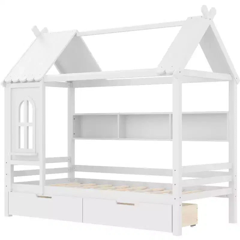 Huisbed met opbergladen en raam, frame van massief hout met planken, speels kinderdesign, lichtwit