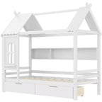 Huisbed met opbergladen en raam, frame van massief hout met planken, speels kinderdesign, lichtwit