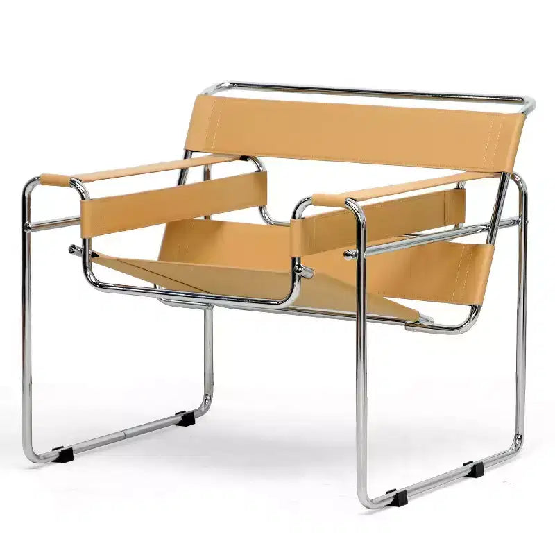 Baxton Studio Jericho Leder-Akzentsessel im Mid-Century-Modern-Stil, hellbraun: Chromoberfläche, bodenschonende Füße, vollständig montiert