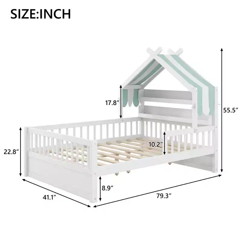 Cama-casa de madeira ModernLuxe para colchão individual/cama de casal com cabeceira com arrumação, estrutura de cama infantil em pinho maciço com grades de proteção