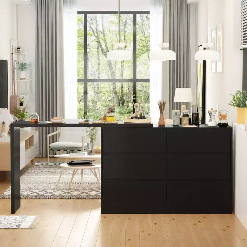 Drehbares/ausziehbares Smart-Buffet-Sideboard mit 6 Schubladen, verlängerter Tischplatte, rutschfester Matte, drehbarem Esstisch und Kücheninsel-Speisekammer
