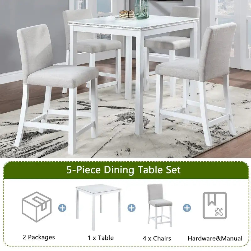 Modernes 5-teiliges Esszimmer-Set mit quadratischem Tisch in Tresenhöhe und 4 gepolsterten Stühlen