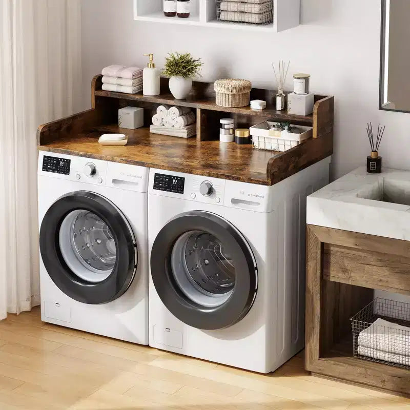 Dessus de lave-linge et sèche-linge en bois, plan de travail de buanderie de 54 po avec étagère de rangement à 2 niveaux, surface de travail antidérapante avec rebords pour l'organisation de la buanderie