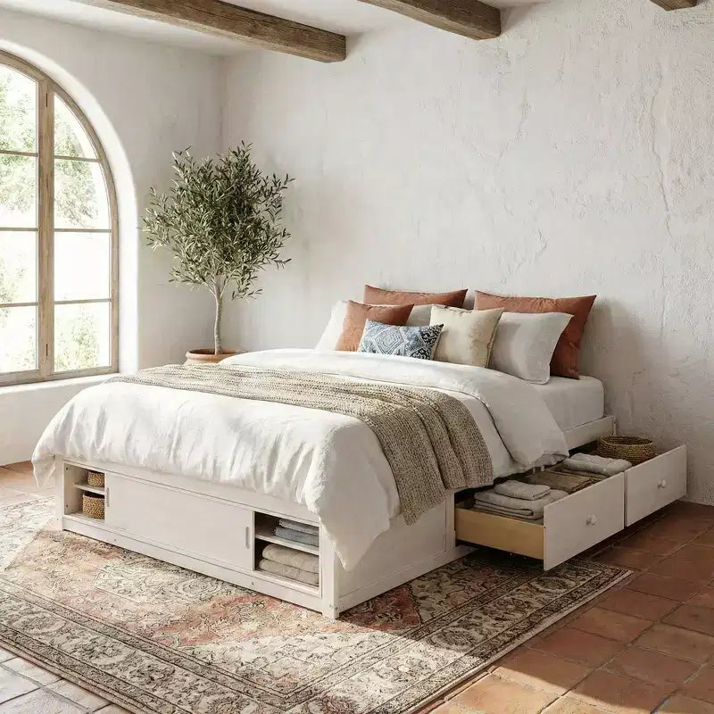Cadre de lit plateforme Queen Whisen avec 4 tiroirs de rangement et rangement dans le pied de lit