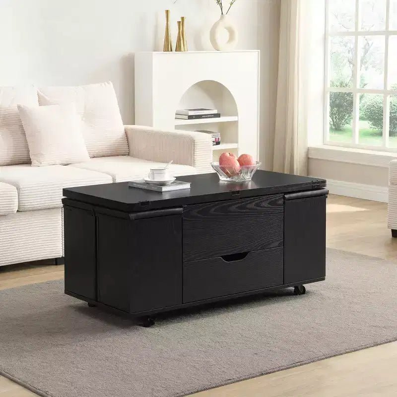 Mesa de centro moderna multifunções com tampo elevável, arrumação oculta, 4 bancos e rodízios, perfeita para espaços de estar modernos