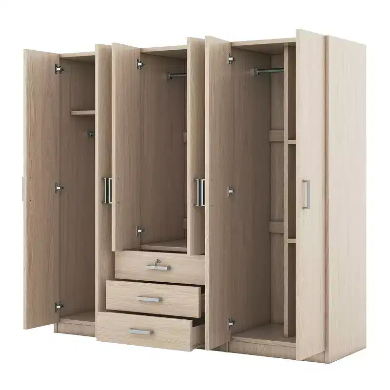 Roupeiro de madeira com 6 portas e gavetas para quarto