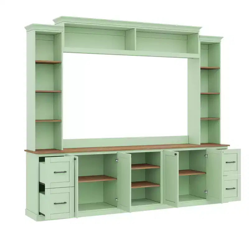 Ensemble mural de centre multimédia de style ferme 4-en-1 ModernLuxe, compatible avec les téléviseurs jusqu'à 70 pouces, meuble TV avec étagères réglables et tiroirs