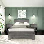Estrutura de cama de tamanho casal Plank+Beam estilo quinta, com cabeceira, cama de plataforma em madeira maciça