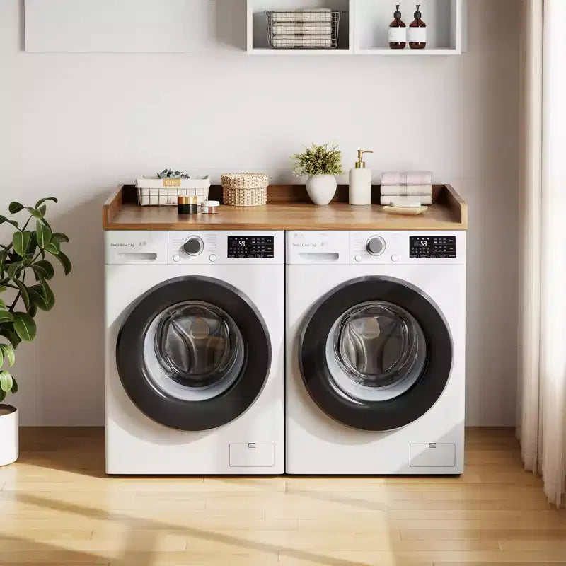 Plan de travail pour lave-linge et sèche-linge, plateau de buanderie avec rebord surélevé et tapis antidérapant pour panier à linge, rangement et organisation de la buanderie