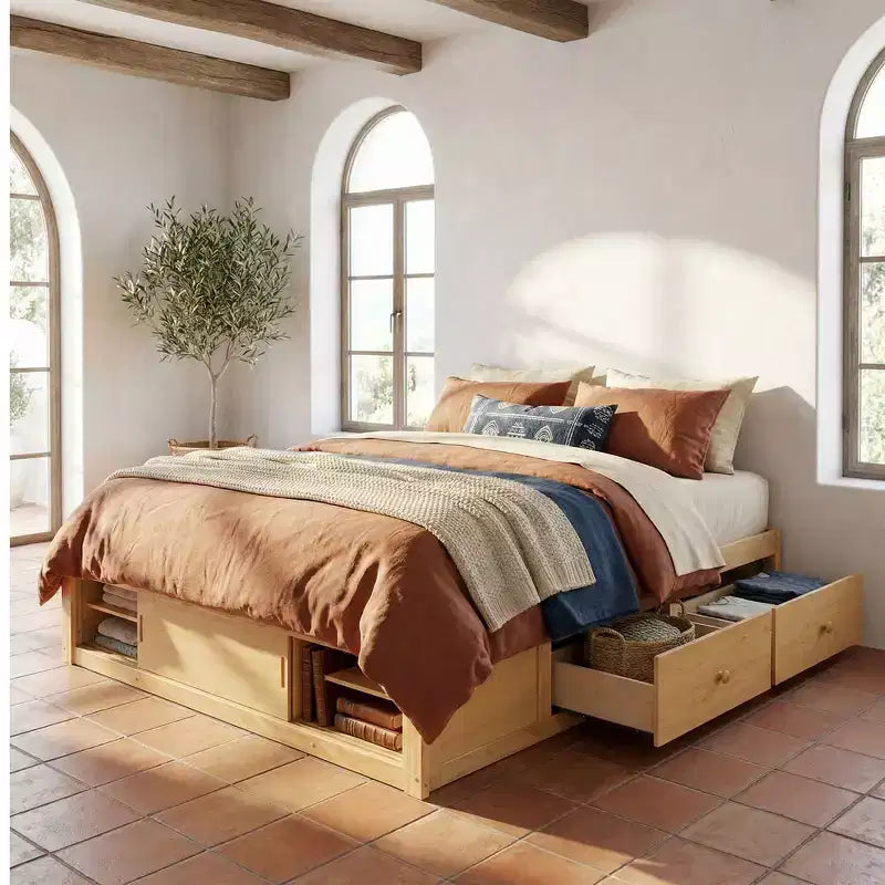 Cadre de lit plateforme Queen Whisen avec 4 tiroirs de rangement et rangement dans le pied de lit