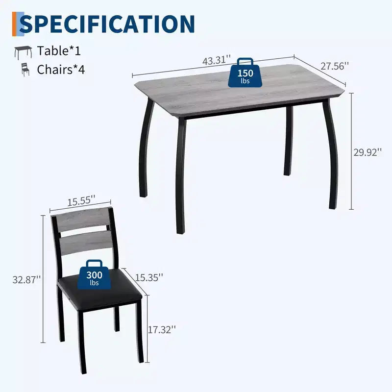 Ensemble table et chaises de cuisine à structure métallique en 5 pièces, avec design chanfreiné