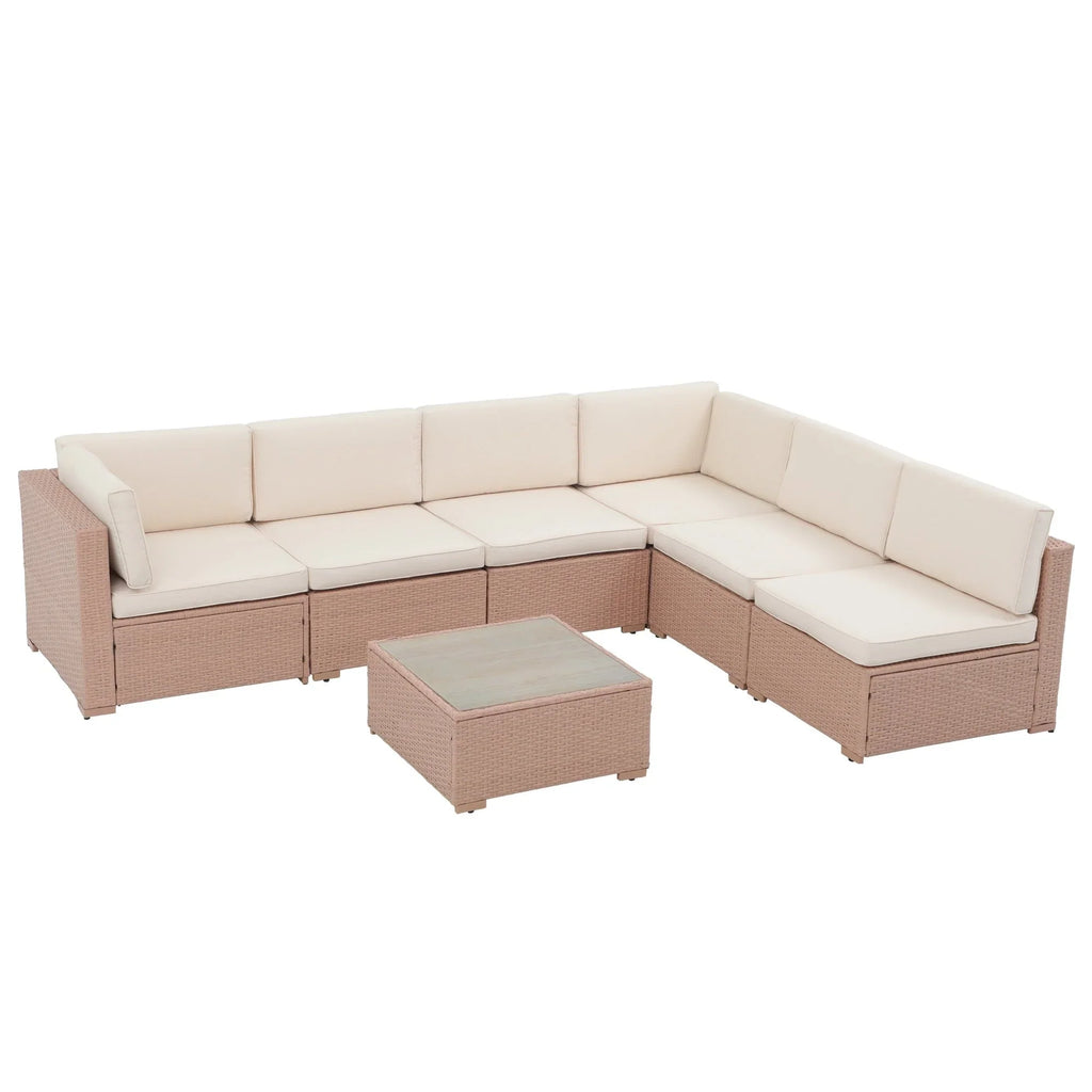 Ensemble de canapé modulaire d’extérieur rembourré en osier et acier, 7 pièces