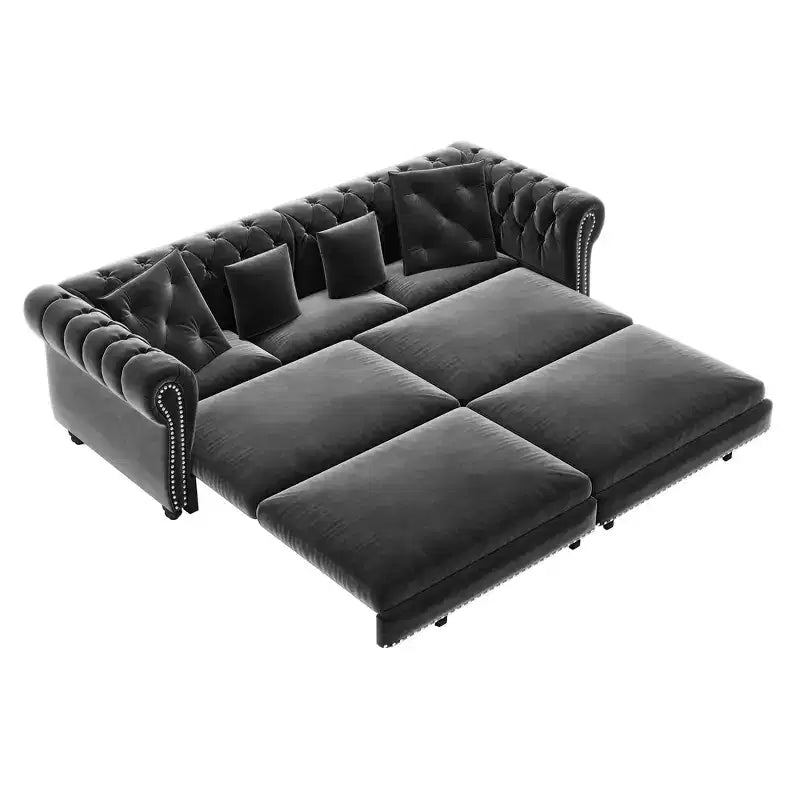 Whisen fluwelen 3-in-1 kingsize slaapbank en converteerbare slaapbank met verplaatsbare hocker, gecapitonneerd ontwerp
