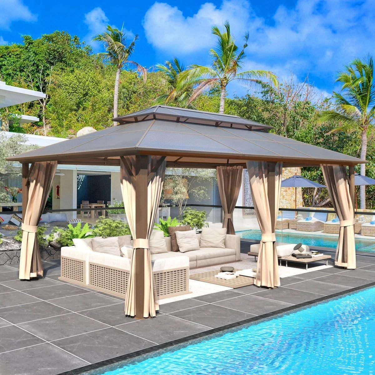 EROMMY Pavillon mit festem Dach, Outdoor-Pergola mit Doppeldach, Netzvorhängen und Vorhängen, robustes Vordach für Terrasse, Garten und Poolpartys